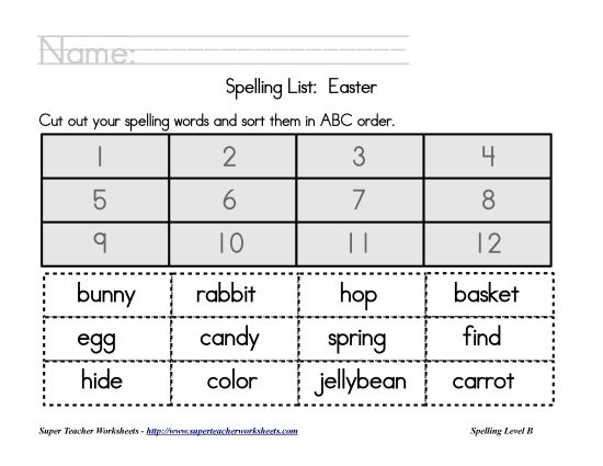 List B: Easter - Holiday List - Easter: ABC Order (Printable PDF Worksheet)
