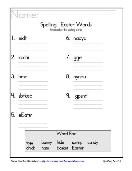 List A: Easter - Holiday List - Easter: Unscramble (Printable PDF Worksheet)