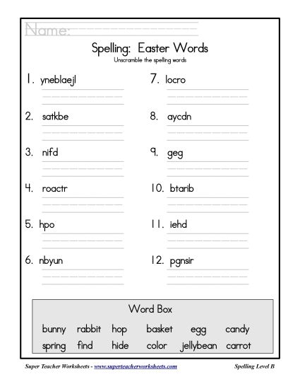 List B: Easter - Holiday List - Easter: Unscramble (Printable PDF Worksheet)