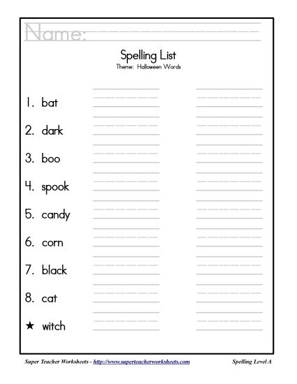 List A: Halloween - Holiday List - Halloween (Printable PDF Worksheet)