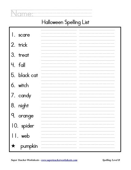 List B: Halloween - Holiday List - Halloween (Printable PDF Worksheet)