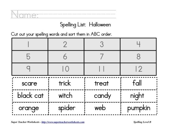 List B: Halloween - Holiday List - Halloween: ABC Order (Printable PDF Worksheet)