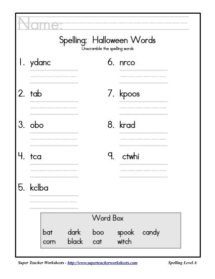 List A: Halloween - Holiday List - Halloween: Unscramble (Printable PDF Worksheet)