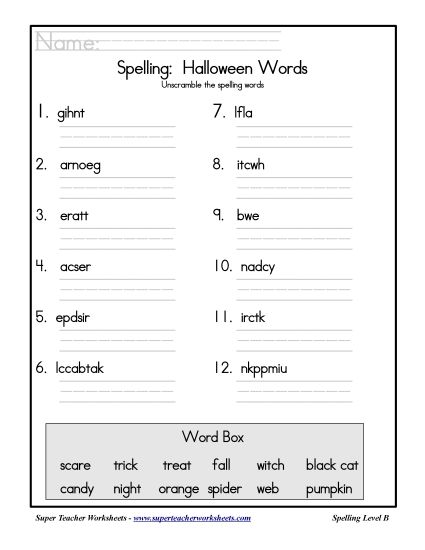 List B: Halloween - Holiday List - Halloween: Unscramble (Printable PDF Worksheet)