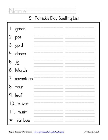 List B: Christmas - Holiday List - St. Patrick's Day (Printable PDF Worksheet)