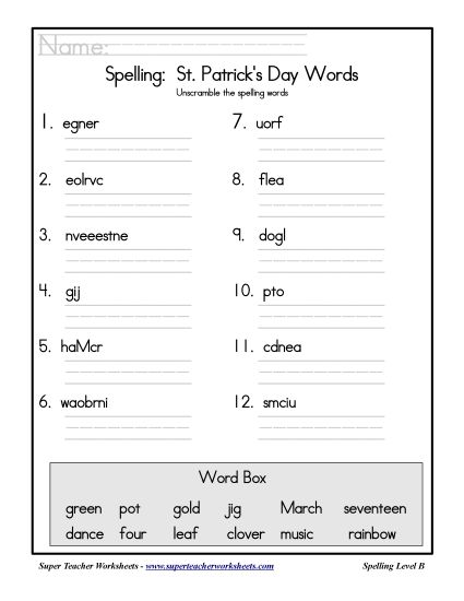 List B: Christmas - Holiday List - St. Patrick's Day: Unscramble (Printable PDF Worksheet)