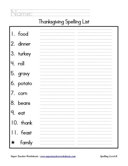 List B: Thanksgiving - Holiday List - Thanksgiving (Printable PDF Worksheet)