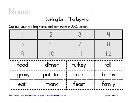 List B: Thanksgiving - Holiday List - Thanksgiving: ABC Order (Printable PDF Worksheet)