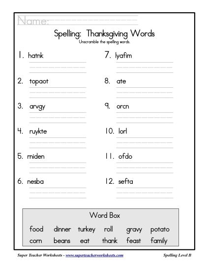 List B: Thanksgiving - Holiday List - Thanksgiving: Unscramble (Printable PDF Worksheet)