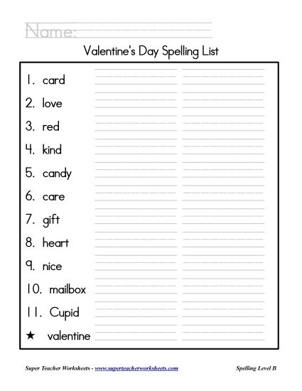 List B: Christmas - Holiday List - Valentine's Day (Printable PDF Worksheet)