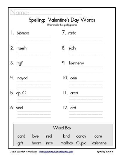 List B: Christmas - Holiday List - Valentine's Day: Unscramble (Printable PDF Worksheet)
