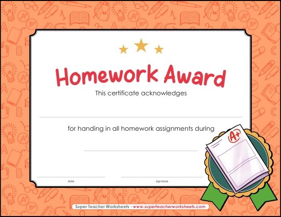 More School Awards - Homework Award (Printable PDF Worksheet)