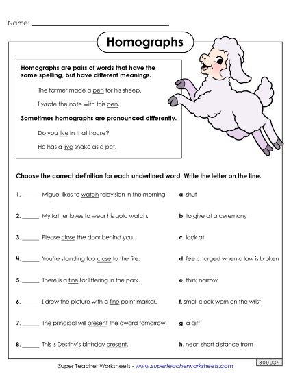 Homograph Worksheets - Homograph Matching (Printable PDF Worksheet)