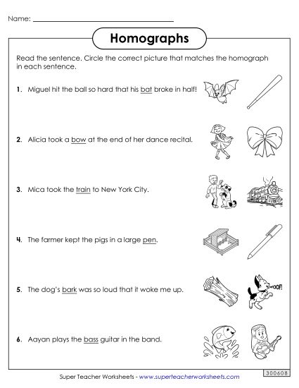 Homograph Worksheets - Homographs: Circle the Picture Worksheet 1 (Printable PDF Worksheet)