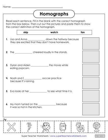 Cut-and-Glue Activities - Homographs: Cut and Glue Worksheet 1 (Printable PDF Worksheet)