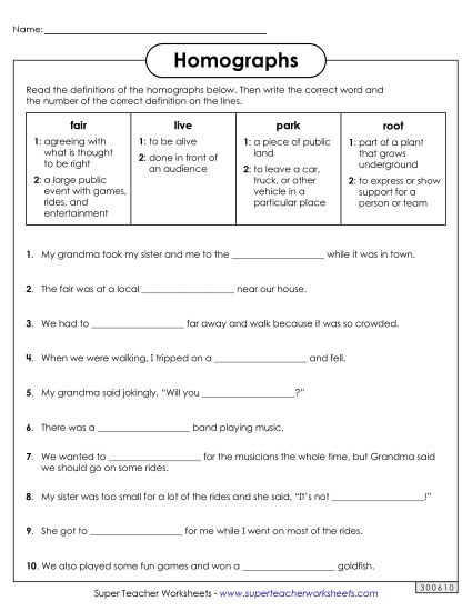 Homograph Worksheets - Homographs: Fill in the Blanks 1 (Printable PDF Worksheet)