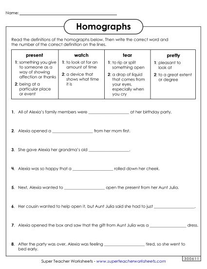 Homograph Worksheets - Homographs: Fill in the Blanks 2 (Printable PDF Worksheet)