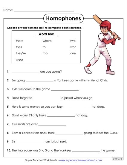 Mixed Homophones - Homophone Baseball Sentences (Printable PDF Worksheet)