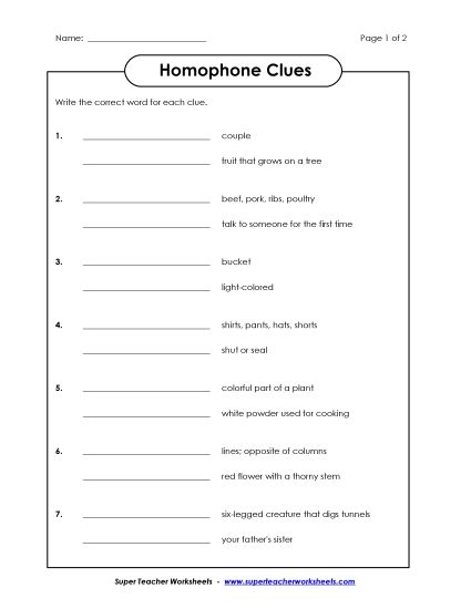Mixed Homophones - Homophone Clues (Printable PDF Worksheet)