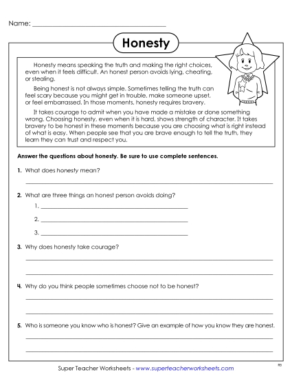 Honesty - Honesty Reading & Reflection (Printable PDF Worksheet)