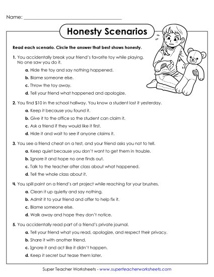 Honesty - Honesty Scenarios (Printable PDF Worksheet)