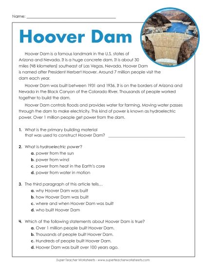 Reading Comprehension - Hoover Dam (Short Reading Passage) (Printable PDF Worksheet)