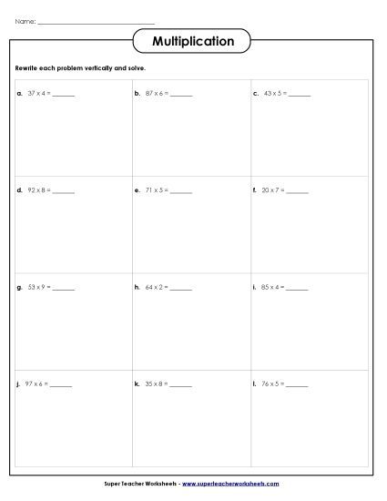 2-Digit Times 1-Digit Worksheets - Horizontal: 2-Digit x 1-Digit (Printable PDF Worksheet)