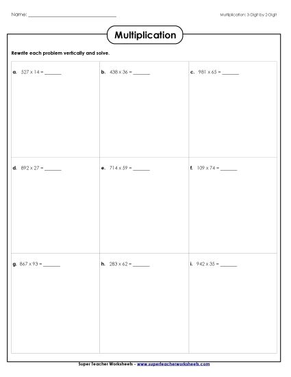 3-Digit Times 2-Digit Worksheets - Horizontal: 3-Digit x 2-Digit (Printable PDF Worksheet)