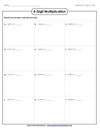 4-Digit Times 1-Digit Worksheets - Horizontal: 4-Digit x 1-Digit (Printable PDF Worksheet)