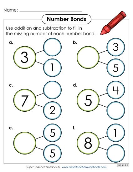 Number Bonds - Sums to 10 - Horizontal Number Bonds (Printable PDF Worksheet)