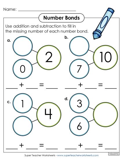 Number Bonds - Sums to 10 - Horizontal Number Bonds with Equations (Printable PDF Worksheet)