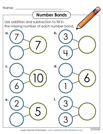 Number Bonds - Sums to 10 - Horizontal Number Bonds Worksheet 2 (Printable PDF Worksheet)