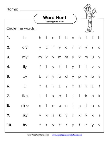 Worksheets - Horizontal Word Hunt (A-10) (Printable PDF Worksheet)