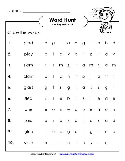 Worksheets - Horizontal Word Hunt (A-14) (Printable PDF Worksheet)