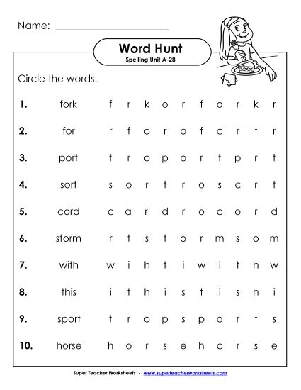 Worksheets - Horizontal Word Hunt (A-28) (Printable PDF Worksheet)