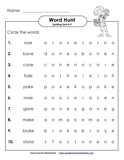 Worksheets - Horizontal Word Hunt (A-9) (Printable PDF Worksheet)