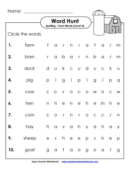Printable Worksheets - Horizontal Word Hunt (A-Farm Words) (Printable PDF Worksheet)