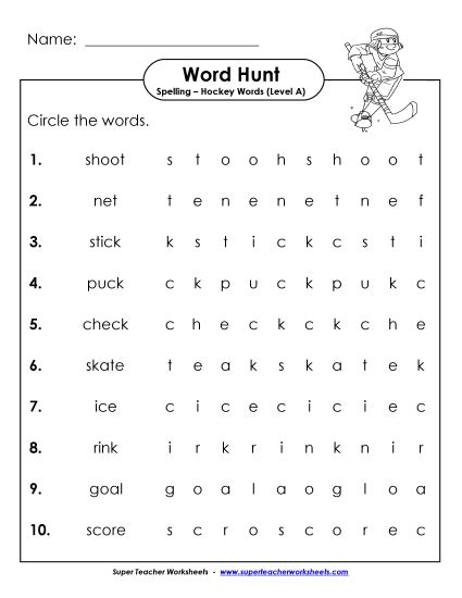 Worksheets and Activities - Horizontal Word Hunt (A-Hockey Words) (Printable PDF Worksheet)
