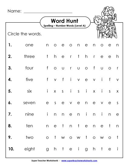 Worksheets and Activities - Horizontal Word Hunt (A-Number Words) (Printable PDF Worksheet)