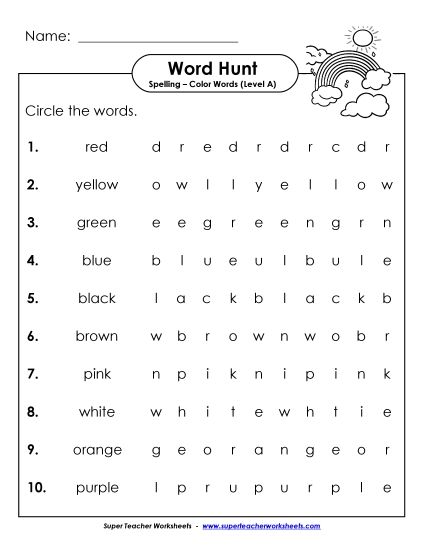 Worksheets and Activities  - Horizontal Word Search (A-Color Words)  (Printable PDF Worksheet)