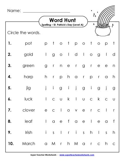 Worksheets - Horizontal Word Search (A-St. Patrick's Day)  (Printable PDF Worksheet)