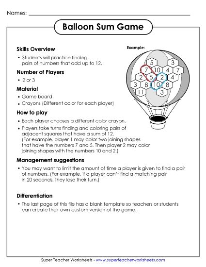 Sum Game - Hot Air Balloon Sum Game (Printable PDF Worksheet)