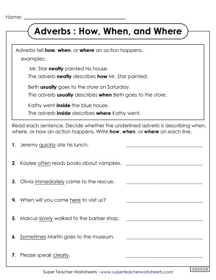 Adverb Worksheets - How, When, Where Adverbs (Printable PDF Worksheet)