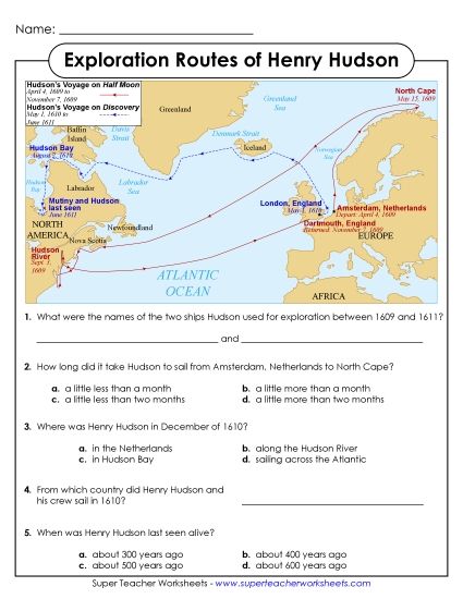 Henry Hudson - Hudson Map & Questions (Printable PDF Worksheet)