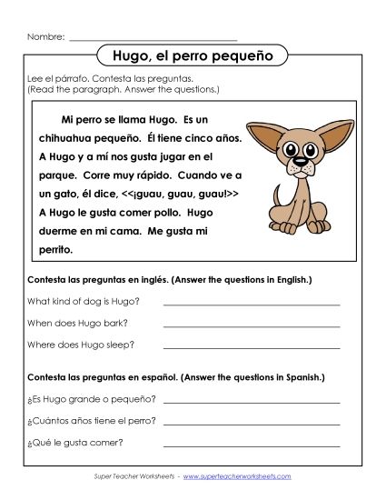Short Passages (Level: Basic) - Hugo, El Pequeno Perro (Printable PDF Worksheet)