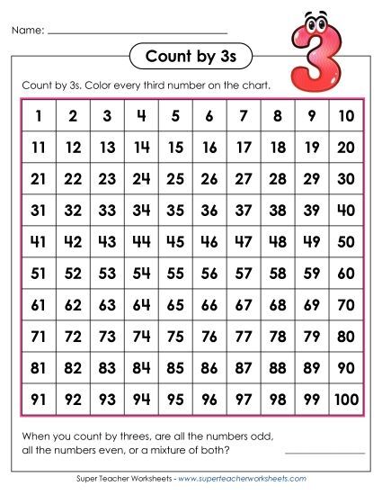 Hundreds Chart - Count by 3s (Printable PDF Worksheet)