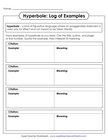 Hyperbole: Log of Examples (Printable PDF Worksheet)