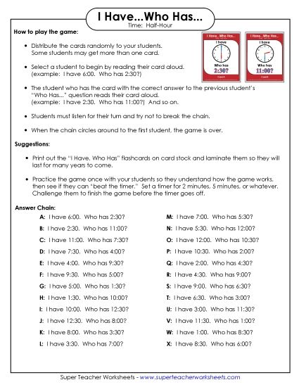 Reading Clocks: Nearest Half Hour - I have... Who has... Game (Printable PDF Worksheet)