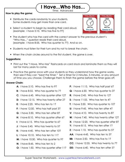 Quarter Hours - I have... Who has... Game (Quarter Hours) (Printable PDF Worksheet)
