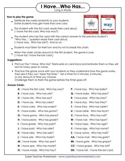 Games & Learning Centers - I have.. Who has... (Long A) (Printable PDF Worksheet)